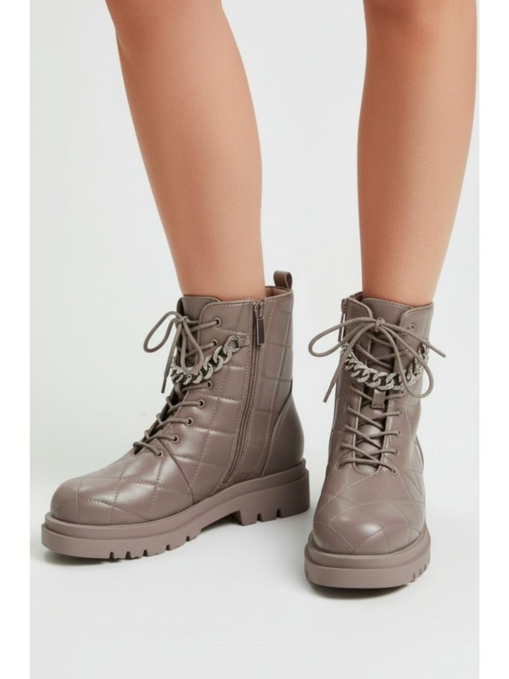 Taupe Quilted Combat Boots Lace Up Chain Detail Lug Sole Ankle Boots